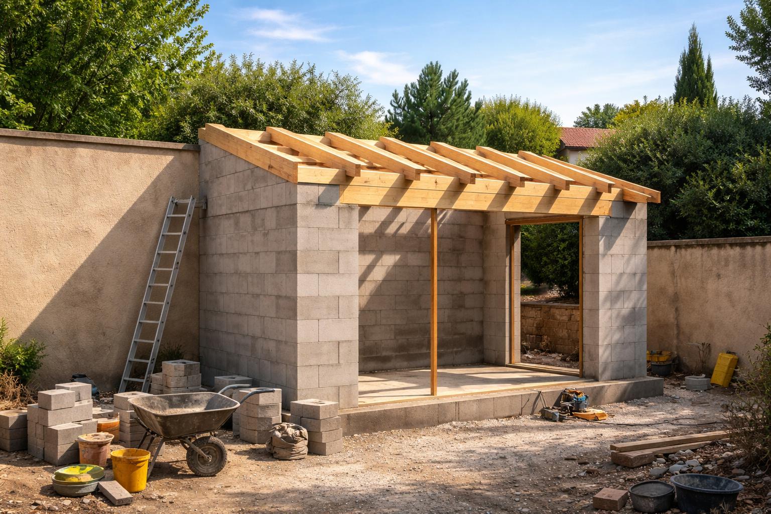 Une construction en cours adossée à un mur privatif