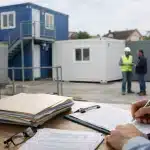 Container et fiscalité locale : comment sont taxées les constructions modulaires ? Personne rédigeant un rapport devant bureaux modulaires de chantier