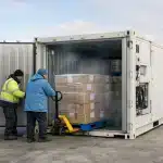 Conteneur frigorifique : solution modulaire pour le stockage à température contrôlée Deux manutentionnaires chargent une palette de cartons dans conteneur frigorifique