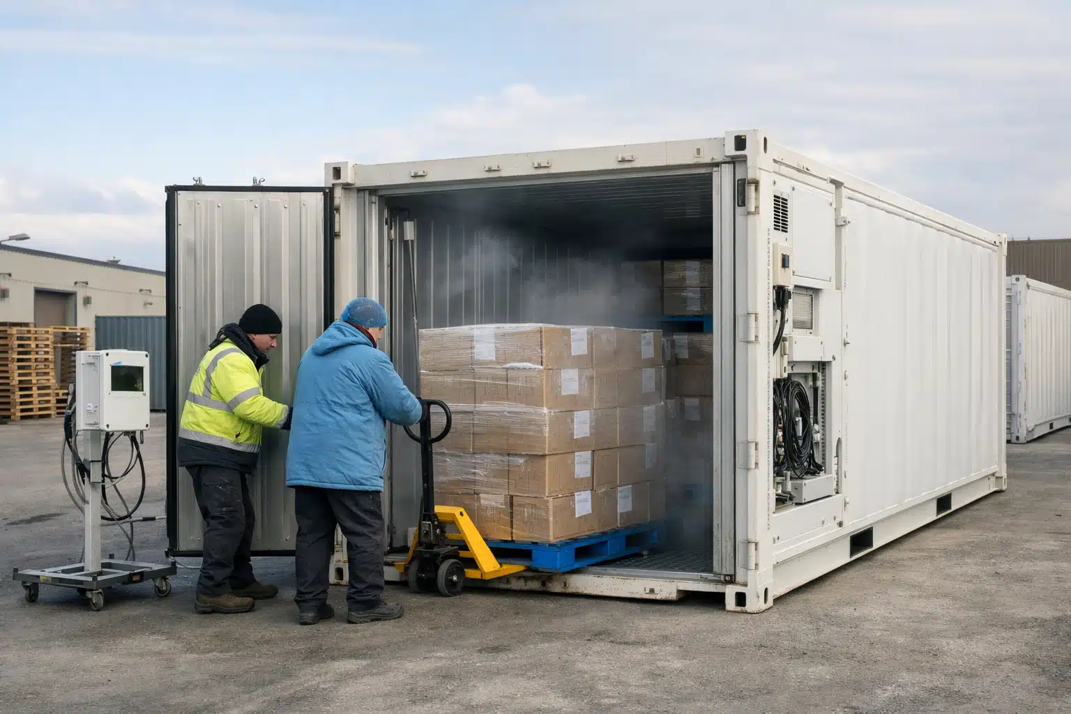 Deux manutentionnaires chargent une palette de cartons dans conteneur frigorifique
