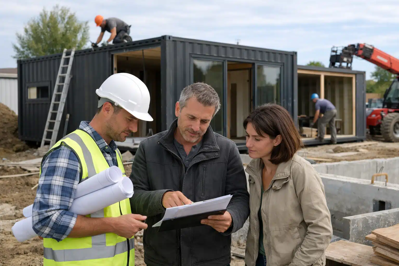 Homme en casque montrant des plans à un couple