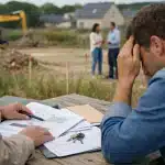 Revendre un terrain constructible : 5 pièges fiscaux qui coûtent cher aux propriétaires Homme stressé tenant la tête devant plans et clés