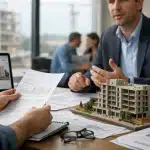 Financement participatif immobilier : ce que les banques ne vous disent pas sur le crowdfunding Personnes en réunion autour d'une maquette d'immeuble