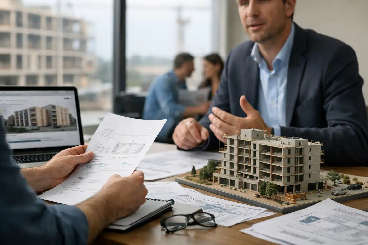 Personnes en réunion autour d'une maquette d'immeuble