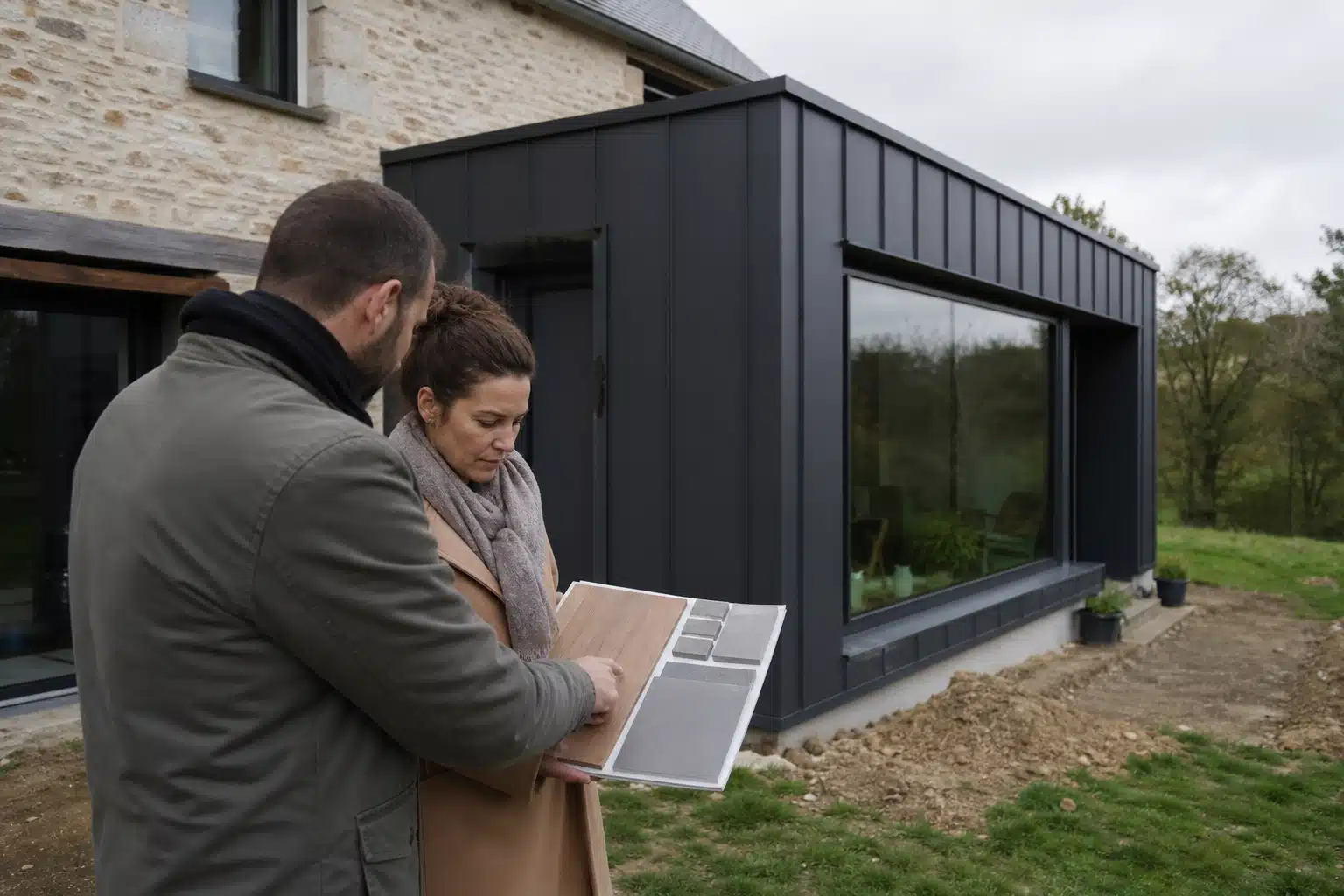 Deux personnes examinant un panneau solaire devant la maison moderne