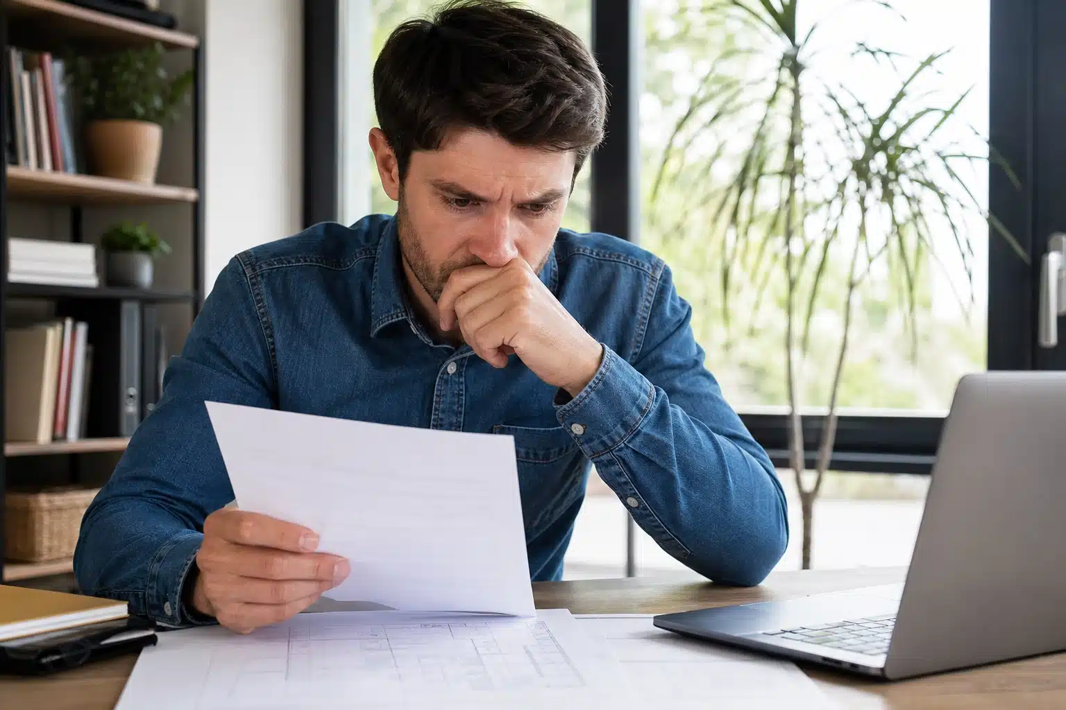 Homme pensif lisant un document au bureau