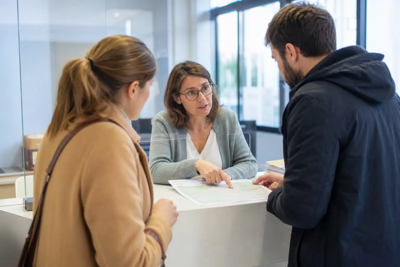 Conseillère expliquant des documents à un couple