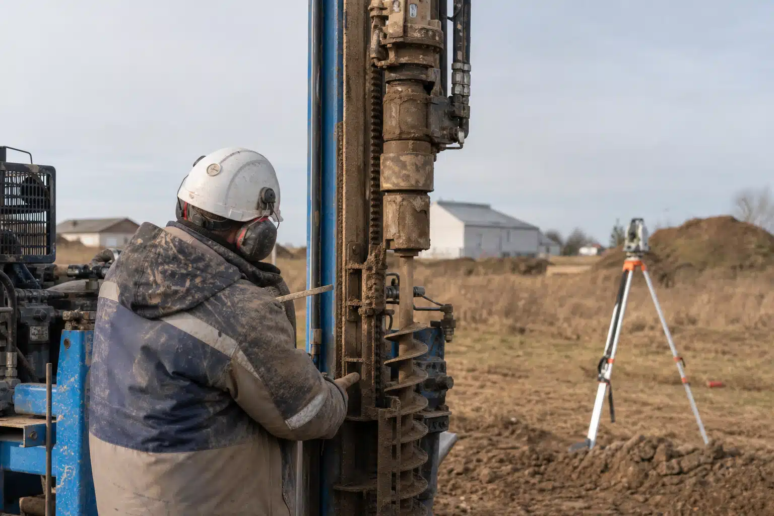 Ouvrier portant un casque actionnant une foreuse de chantier