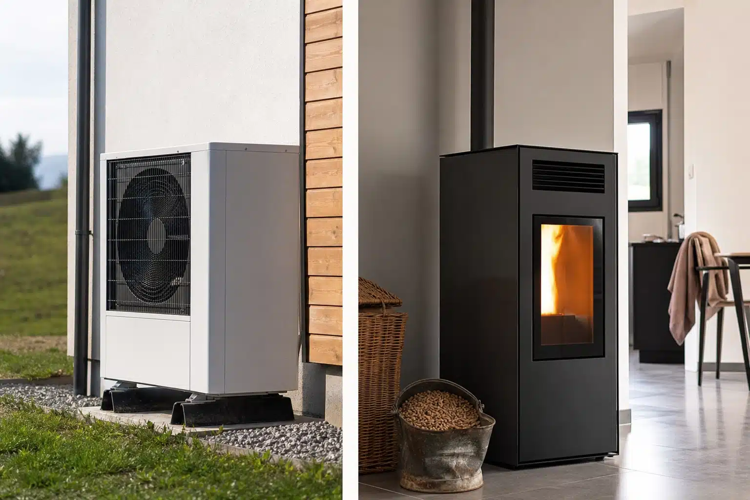 Pompe à chaleur extérieure et poêle à granulés allumé
