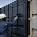 Comment protéger un container maritime de la rouille et de la corrosion ? Ouvrier en casque peignant un conteneur métallique