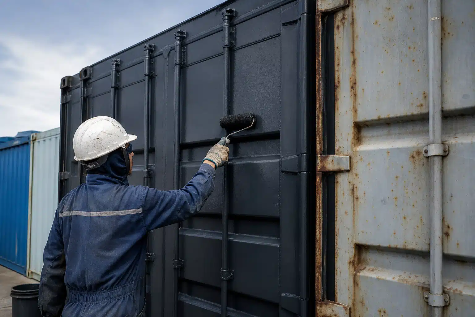 Ouvrier en casque peignant un conteneur métallique