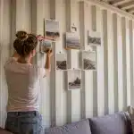 Accrocher des photos au mur sans l'abîmer : 5 idées pour une maison container Femme accrochant des photos sur un mur