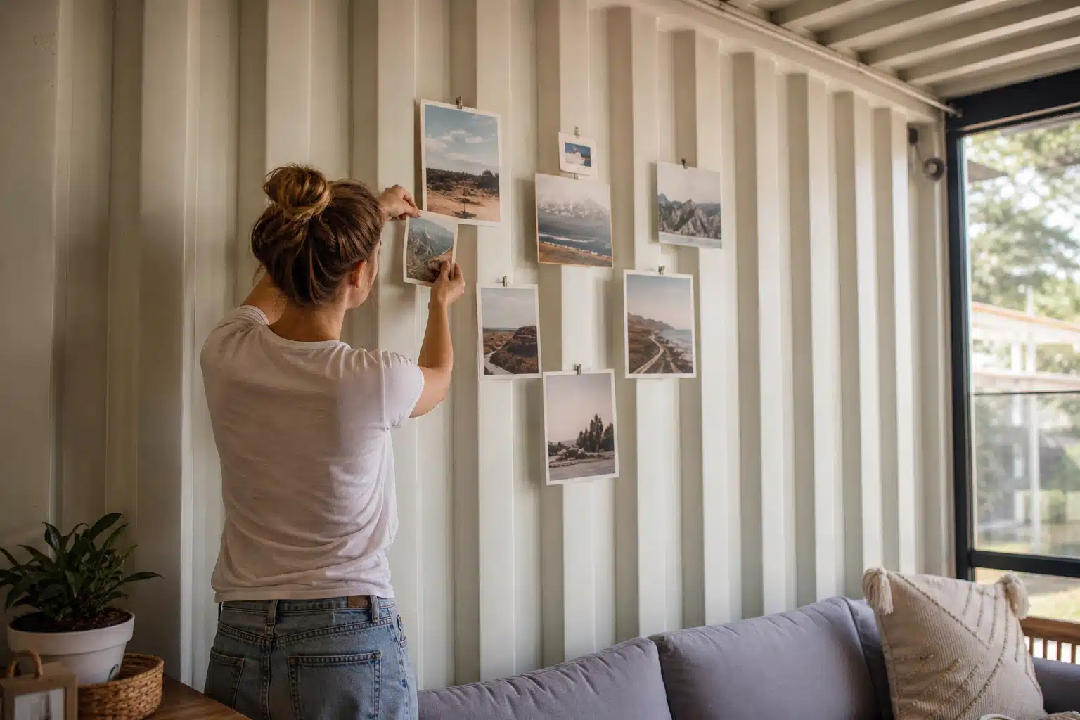 Femme accrochant des photos sur un mur