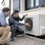 Pompe à chaleur air-eau ou air-air : fonctionnement, différences et choix avant l'installation Deux techniciens examinant une pompe à chaleur extérieure